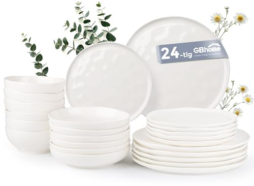 GBhome Steingut Geschirrset 6 Personen, 24-tlg Reaktive Glasur Handarbeit Geschirr Set, Mikrowellen- & Spülmaschinenfest Schüssel- und Teller Set, Mondlicht Weiß
