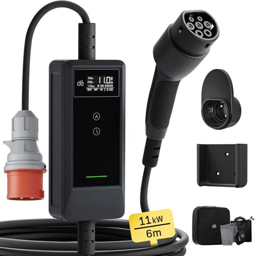 dé Wallbox 11kW 6m [Trifase| 0,85m+5,15m| 6-16A] Cavo Ricarica Auto Elettrica Tipo 2 CEE 11kW, Stazione Carichino Auto elettrica Mobile Compatibile con Model Y, Model 3 e Altri EV/PHEV