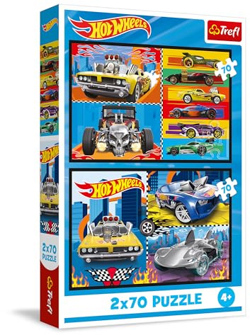 Trefl - Puzzle 2x70 Teile, 2-in-1: Spielzeugautos, Hot Wheels, Mattel, 4+