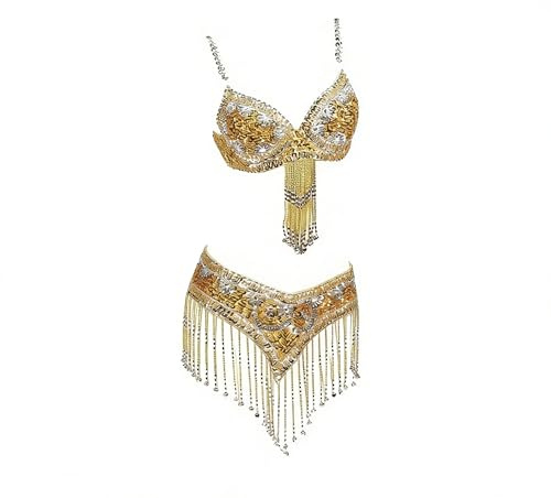AMENGJ Costume da Danza del Ventre Costume da Ballo in Due Pezzi con Reggiseno e Cintura con Perline e Paillettes in Stile Orientale da Donna, Completo da Spettacolo(Color 3,L)