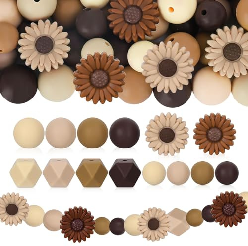 UNOZAVER 72 Stück Blumen Silikonperlen Set, Bunt Gänseblümchen Bastelperlen Bulk für Heimwerker Schlüsselanhänger, Schmuckherstellung, Halsketten, Armbänder, Stifte (Braun)