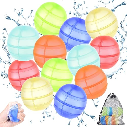 OdiuK 12 bombe d'acqua riutilizzabili, palloncini riutilizzabili con sacchetto a rete, tutti i siliconi, set di bombe d'acqua per feste in piscina