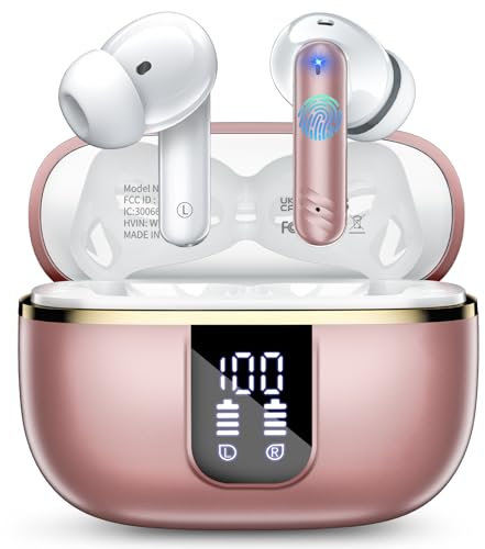 Bluetooth Kopfhörer, 2025 In Ear Kopfhörer Kabellos Bluetooth 5.4 mit 4 ENC Noise Cancelling Mic, 38 Std Ohrhörer mit LED Anzeige, Ergonomie, IPX7 Wasserdichtes Earbuds Kompatibel IOS Android Roségold