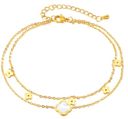 Estrellique Gold Fußkettchen für Damen Mädchen, Verstellbar 22+5/21+4CM Kette Fußkettchen, Doppelkette Kleine Anhänger Fußkette mit Perlmutter/Zirkonia, Wasserdichte Barfuß Sommer Strand Knöchelchen
