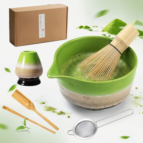 【Ausverkauf】6-teiliges Matcha-Tee-Schneebesen-Set, Keramik-Matcha-Schale mit Ausguss, komplettes Matcha-Tee-Set-Schneebesen-Starter-Kit für Anfänger und Enthusiasten (Farbverlauf Grün)