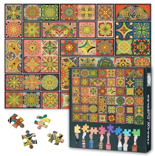 Puzzle vintage pour adultes, 1000 pièces, patchwork coloré, 1000 pièces, motif sans couture avec mandalas décoratifs, 50 x 70 cm