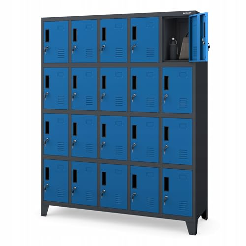 Jan Nowak Umkleideschrank Metall für 20 Nutzer, abschließbar, 172x136x45 cm | Spindschrank Personalschrank für 20 Nutzer, abschließbare Fächer je 10 kg, Lüftung, Namensschilder, Stahl, Wandmontage