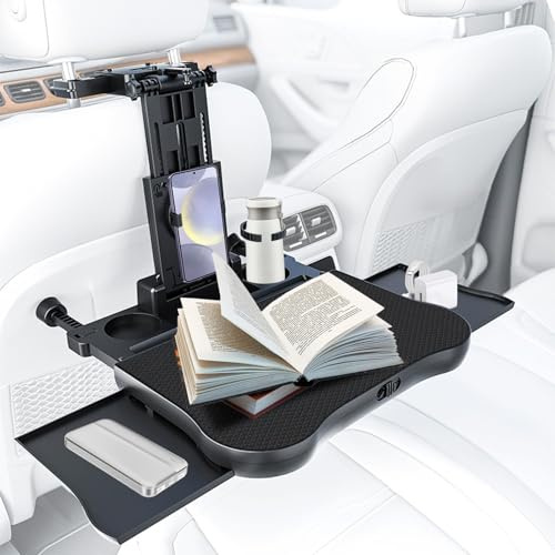 Tavolo da auto per sedile posteriore passeggero, portatile, regolabile, con portabicchieri e supporto per cellulare, pieghevole, per viaggi, lavoro, cibo