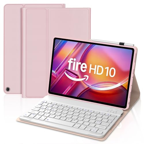 Keyboard Case for Fire HD 10/HD 10 Plus 10.1 Inch(13th/11th Generation, 2023/2021), Slim Cover with Detachable Wireless Bluetooth Keyboard for All-New Fire HD 10/HD 10 Plus 10.1 Tablet, Pink
