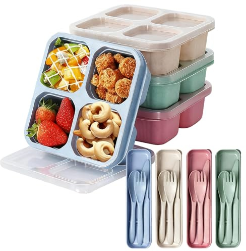HXSYKJDM 4PCS Snack Boxes with Cover, 4 Compartment Box with Cutlery | Divided Food Storage Boxes, Bento Snack Containers for School Work Travel