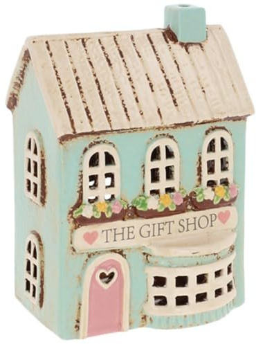 Lescale Furnishings Ceramic Teal Village Gift Shop Candle Holder – Decorative Tealight House with Tiled Roof, Open Chimney & Pink Door – Ideal for Shelves, Windowsills & Gift Giving (17.5×12×9 cm)