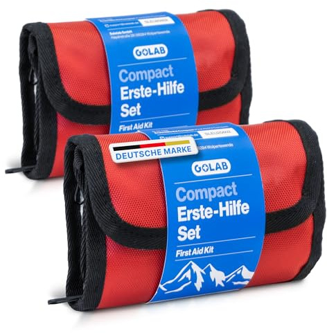 GoLab Erste-Hilfe-Set Mini, 46 Teile, 2er Set, 2x 195g, DIN-konform | Kompaktes Notfall Set für Zuhause, Outdoor, Reisen, Camping und Sport - mit Hilfe Guide nach DGUV, in 3 Fächern organisiert.