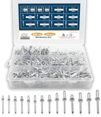 DIYoung 500 Pièces Rivets Aveugles en Aluminium, Assortiment de Rivets Pop en Acier, 14 Tailles pour Métal, Bois, Plastique (M2.4 M3.2 M4 M5)