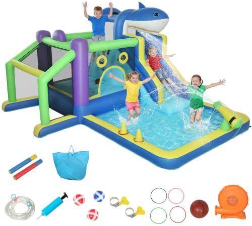 AIYAPLAY Hüpfburg mit Gebläse 8-in-1 aufblasbare Wasserpark 405x345x235cm | Hai-Design, Trocken-/Wasserrutsche, Planschbecken, Trampolin, Kletterwand, Basketballkorb, Groß Springburg, für 3-8 Jahre