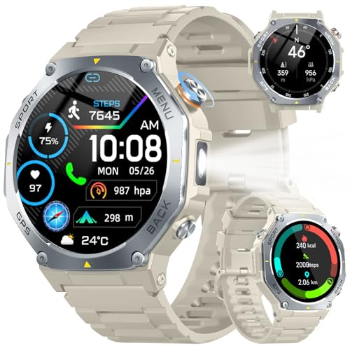 Militär Smartwatch Herren GPS, 1,43AMOLED 2026 Fitnessuhr mit Bluetooth Anrufe, Taschenlampe, Kompass, 160+ Sportmodi, 5ATM Wasserdicht, Herzfrequenz, Schlafmonitor, Schrittzähler, für Android iOS