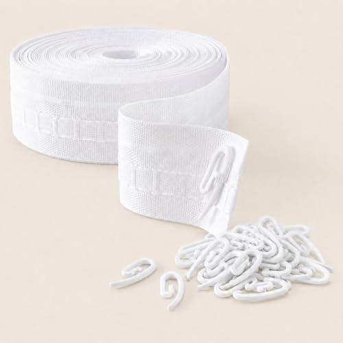 Gardinenband Kräuselband 30m x 2,5cm Weiß mit 50 Haken – Universal Vorhangband zum Aufnähen und Aufbügeln, Faltenband für Gardinenhaken, Kräuselband für Deko, Schlafzimmer Vorhang Zubehör, 1 Rolle