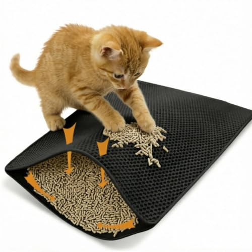 HERKINDNESS Alfombra Gatos Arenero, 45 x 60 cm Tapete para Caja de Arena Impermeable, Doble Capa Alfombrilla Arenero Gato, Negro Tapete para Arena, para Controlar la Arenas para Gatos