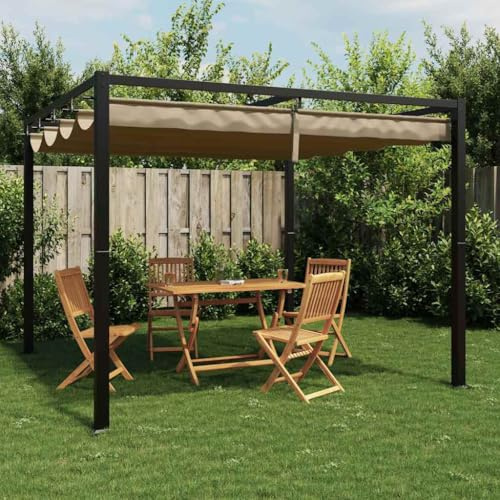 Qnhdfrt Gazebo da Giardino 3x3 m con Tetto Retrattile Tortora in Metallo | Padiglione da esterno per terrazzo e giardino con copertura regolabile in poliestere e struttura stabile.
