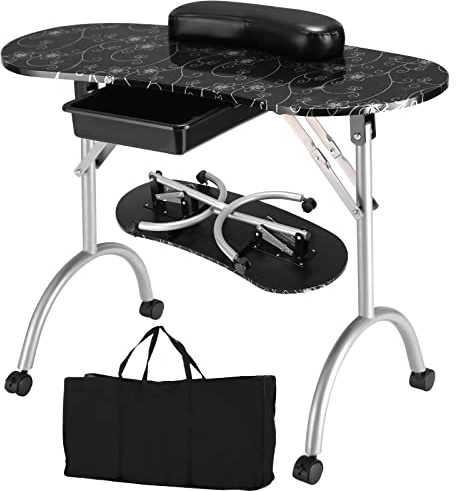 COSTWAY Table de Manucure Pliante Table de Travail à Roulettes pour Manucure 90 x 37 x 68 cm (Noire)