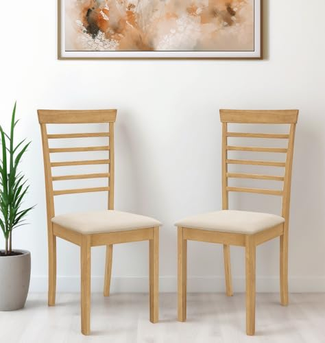 Hallowood Furniture Ledbury Dining Chairs Set of 2 with Ladder Back Design, Modern Solid Wooden Chairs with Warm Cream Fabric Seat Pad for Home, Restaurant and Café (Light Oak)