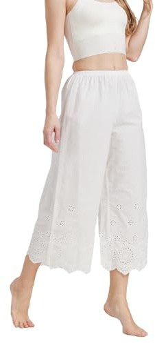 EAUTELICATE Capri Pantalon De Pyjama Femme Été Léger Jupon Sous-Jupe En 100% Coton Pantacourt Ample Vintage à La Maison Culotte Bouffantes Renaissance(Jambe Droite - Broderie D'anglaise - Ivoire, M)