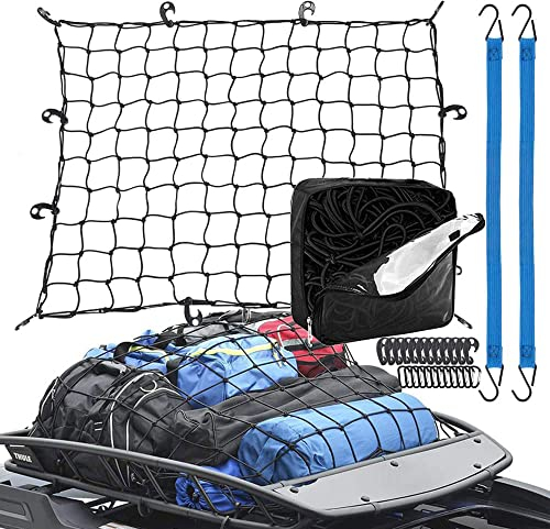 Rete da Carico 90x120cm si Allunga Fino a 180x240cm con 24 Pezzi Ganci Universali e 2 x Corde Elastiche per il Carico, Rete Organizzativa Posteriore per Auto Portabagagli sul Tetto/Baule/Camion/SUV