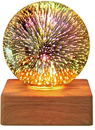 SOLUSTRE 3D Coloré en Verre Lumière de Nuit USB Lampe De Projecteur Feu D Artifice Globe Boule de Cristal Verre Nuit Lumière Atmosphère avec Base en Bois pour La Maison