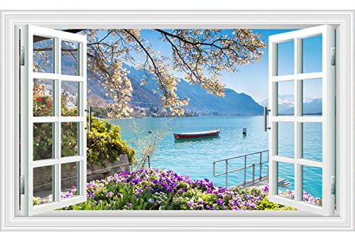 YHSGY Landscape Canvas Wall Art Picture - Fake Window Canvas Prints - 3D Window View Art Decoration Paintings - Seaside City Flower Scenery 100x60cm(40'x24') Frameless