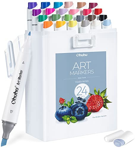 Ohuhu Marqueurs à Feutre Alcool Slim Broad et Fine à Double Pointe Pour Artistes Adultes Coloriage Sessin Conception de Paysage(Basic-24 couleurs)