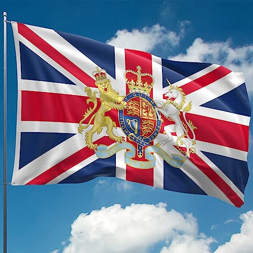 Union Jack Flag - British Flag with Royal Coat of Arms - Double-Sided Digital Print - 110Den Thick Polyester - Double Seam - 2 Brass Eyelets, Large 5ft x 3ft
