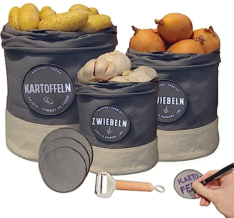 Kitchln Nachhaltige Kartoffel Aufbewahrungsbox | 3er Set beschriftbare Stoffbehälter für die Küche | Vintage Korb Leinenbeutel - hält Gemüse länger frisch | Kartoffeln und Knoblauch (Grey)