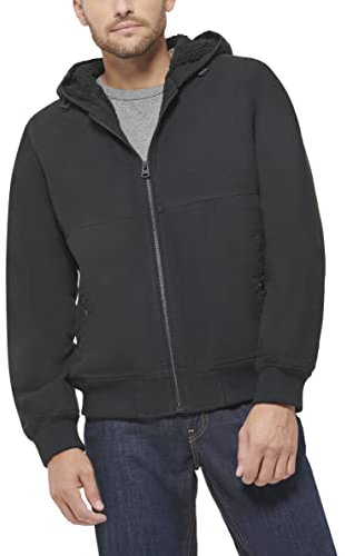 Levi's Herren Workwear Cotton Canvas Hooded Bomber Jacket (Regular & Big & Tall Sizes) Bomberjacke aus gewaschener Baumwolle, Sherpa-Kapuzenjacke, Schwarze Leistentaschen, S