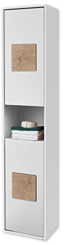 GREECE Badezimmer Hochschrank in Weiß mit Hirnholz-Applikationen - Badezimmerschrank Bad Schrank mit viel Stauraum - 40 x 190 x 30 cm (B/H/T)