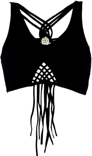 GURU SHOP Goa Psytrance Bikini Top, Boho Top, Pixi Top, Fransentop - Schwarz, Damen, Size:M