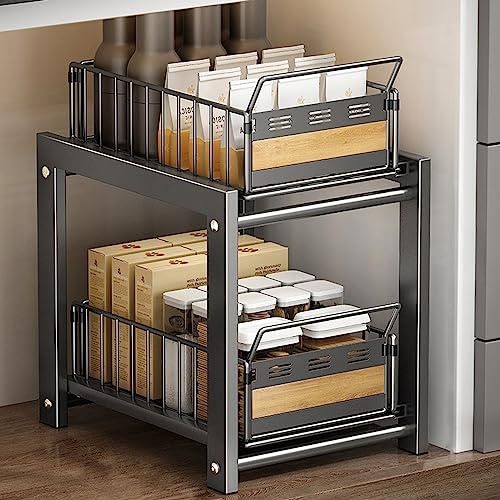 QHENS Unter Waschbecken Regal, 2 Etagen Spülschrank Organizer, Unterschrank Organizer Ausziehregal, Extra-hohe Lagerung (24 cm) | 10 kg/Korb | Metall mit Holzoptik | Grau