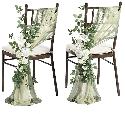 Ling's moment 8 Wedding Chair Decorations Aisle Pew Church Artificial Flowers Greenery Swag White Sage Green Bench Ceremony Reception Floral Faux Backdrop Rose Arrangements Party Outdoor Decorations