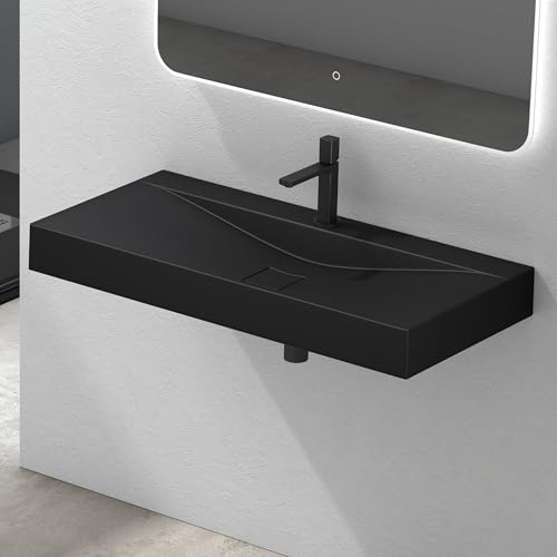 Mai & Mai Waschbecken Hängewaschbecken Aufsatzwaschbecken Mineralguss Schwarz Matt 1 Armaturenloch Rechteckig Breite: 100 cm Col810