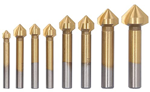 Cortador de Biselado, 8 Piezas Brocas Avellanadoras Juego de Desbarbado de Avellanador con Vástago Hexagonal de 90° con Biselado a Prueba de Herrumbre Recubierto de Titanio,
