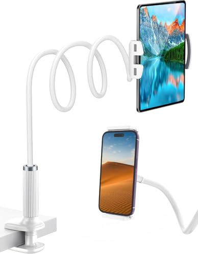 Schwanenhals Tablet Halterung, Tablet Halter – Flexibler Verstellbarer Arm im Bett für Ipad/Handy/Switch/ Galaxy Tabs/Kindle Fire HD usw,und Weitere 4,7-10,6 Zoll Geräte 98cm Gesamtlänge (Weiss)