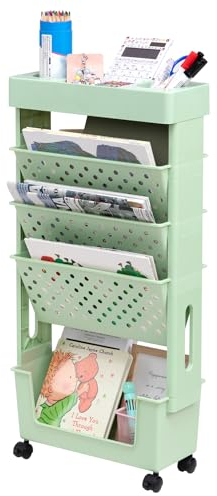 DOEWORKS Mobiles Bücherregal Rollen Bastelwagen Klein Bücherwagen 5 Ebenen Beistellwagen Rollwagen Schmal für Bücher Wohnzimmer Bibliothek Schlafzimmer Büro, Grün