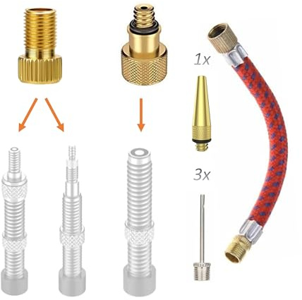 Manovella Set di adattatori per valvola, 7 pezzi, per bicicletta, auto, palla e materasso ad aria, adattatore universale con aghi e prolunga, per Presta, Dunlop, Schrader, compatto e robusto