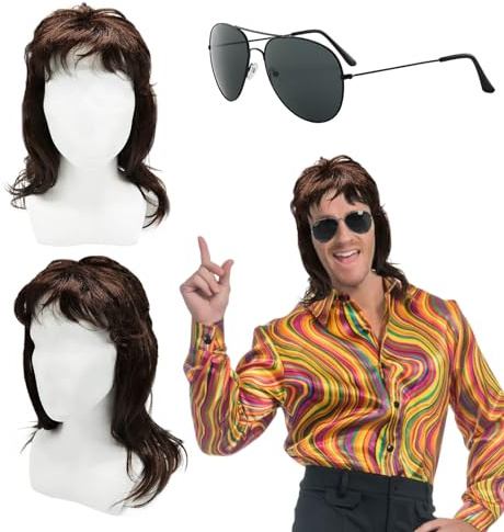 TUONYIS Perruque Mulet Homme, Déguisement Année 70-90, Marron, Punk Halloween Fête Carnaval Cosplay Maquillage (2 Pcs)