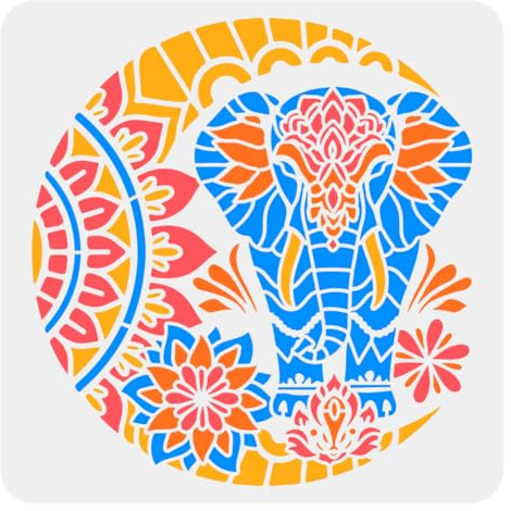 FINGERINSPIRE Mond Mandala Elefanten Schablone 30x30cm Mandala Stil Elefanten Malschablone Mond Lotus Musterschablone Blumenmond Große Schablone Fantasy Thema Dekor Vorlage Für Wandfliesen