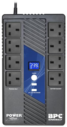 BPC Energy UPS Power Supply UK - 1000VA UPS with 8 Outlets - UK Plug BS1363A - Surge Protected | Reliable Computer Uninterruptible Power Supply Units for Home & Office