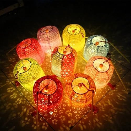 Set of 10 Paper Lanterns 6inches New Year Spring Festival Valentines Lanterns Variety Color with LED Lights, Hanging Paper Lanterns with Tassels Walking Sticks for Wedding Dinner Birthday Party Decor