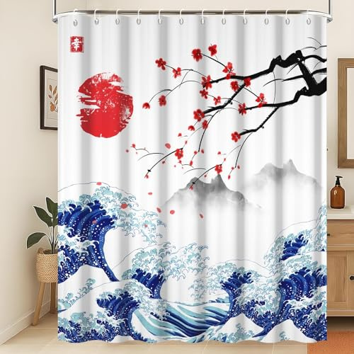 Xiaoterna traditionell japansk målning duschdraperi Kanagawa bra våg duschdraperi röda körsbärsblommor och sol japanska bergslandskap anti-mögel vattentät badrumsgardin 240 x 180 cm