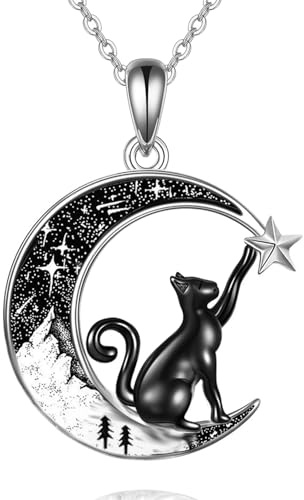 Black Cat Necklace 925 Sterling Silver Crescent Moon Necklace for Women Cat Pendant Christmas Gothic Jewelry Gifts for Her
