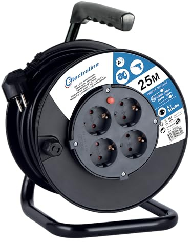 Electraline 49032 Cable Reel H05VV-F 3G1.5 25 m Cable IP20 Indoor Cable Reel with 4 Schuko Sockets/Cable Box with Extension Cable/Cable Roller with Crank, Black