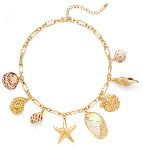 LILIE&WHITE Gold Ocean Charm Necklace – Seashell and Starfish Pendant, Beach-Themed Gold Link Necklace for Women, Durable & Fade-Resistant, Gift for Birthday, Summer & Special Occasions