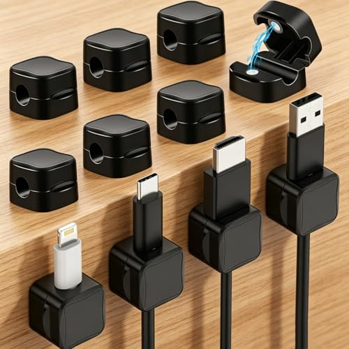RXKFIGX Magnetic Cable Clips, 12 Pack Self Adhesive Cord Organizers for Desk, Self Adhesive Cable Holder Desk Organiser Accessories Compatible with HDMI, USB, Phone Charing wire Black